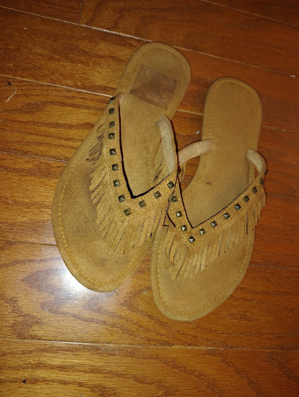 Fringe Stud Suede Thong Sandals - Tan